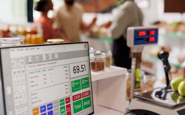 While multiethnic clients are assisted by salesman in the background, apples are placed on digital measuring scale. Photo focus on cashier's desk with weighing equipment and desktop computer.